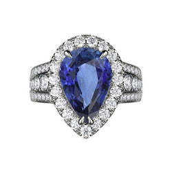 Pear Halo Verlobungsring mit blauem Saphir und Diamanten 6 Karat