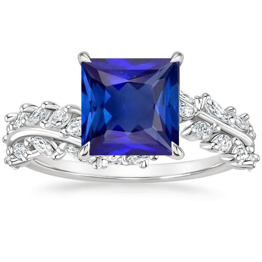 Princess Solitaire Ring Blauer Saphir mit Diamantakzenten 6 Karat - harrychadent.ch