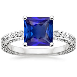 Princess Solitaire Ring mit Akzenten Blauer Saphir Filigran 5,50 Karat
