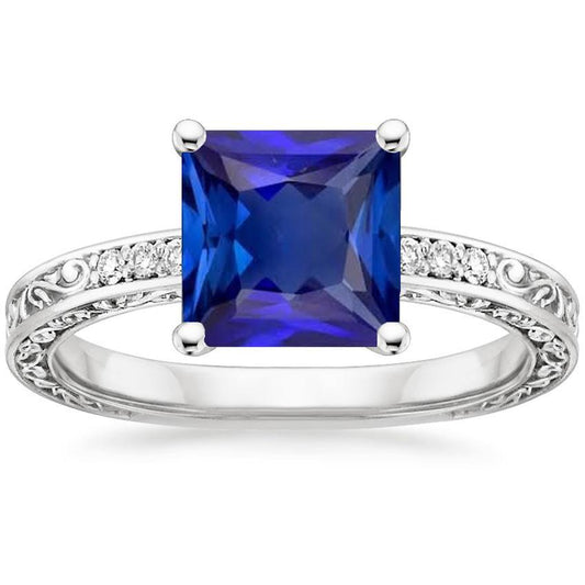 Princess Solitaire Ring mit Akzenten Blauer Saphir Filigran 5,50 Karat - harrychadent.ch