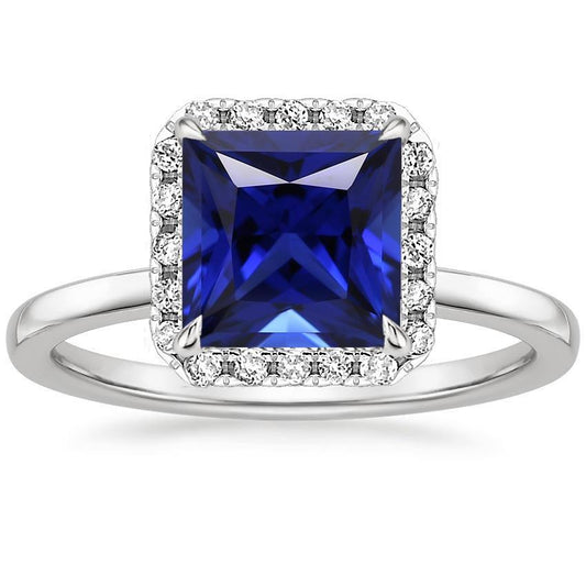 Quadratischer Halo-Diamantring mit blauem Ceylon-Saphir 5,50 Karat - harrychadent.ch