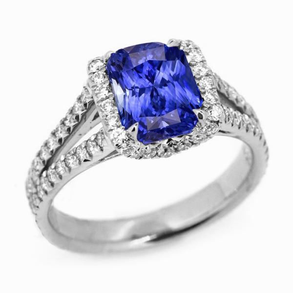 Radiant Halo Ceylon Saphirring 4,50 Karat Diamanten mit geteiltem Schaft - harrychadent.ch