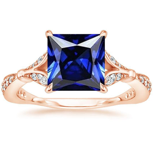 Ring aus Roségold mit Akzenten Princess Cut Blauer Saphir 5,50 Karat - harrychadent.ch