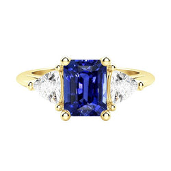 Ring aus Smaragd blauem Saphir mit 3 Steinen und Billionen Diamanten 2,50 Karat