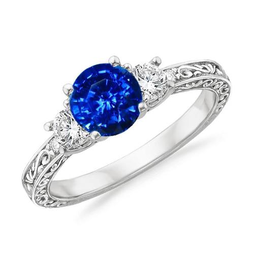 Ring mit 3 Steinen. 2.60 ct. srilankischer Saphir und Diamanten. WG 14K