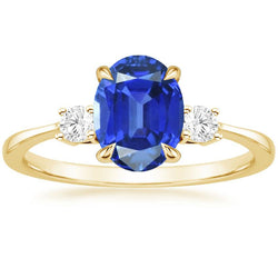 Ring mit drei Steinen, oval, blauer Saphir und runder Diamant, Gold 5,50 Karat