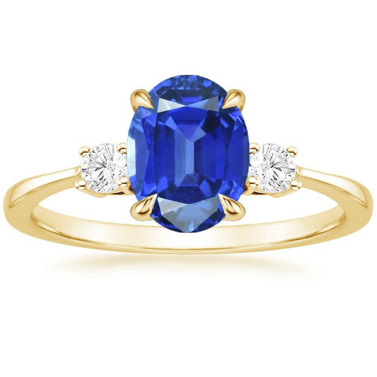 Ring mit drei Steinen, oval, blauer Saphir und runder Diamant, Gold 5,50 Karat - harrychadent.ch