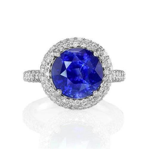 Ring mit Halo-Diamant im Rundschliff und blauem Saphir aus Sri Lanka 14K 2,40 Ct - harrychadent.ch