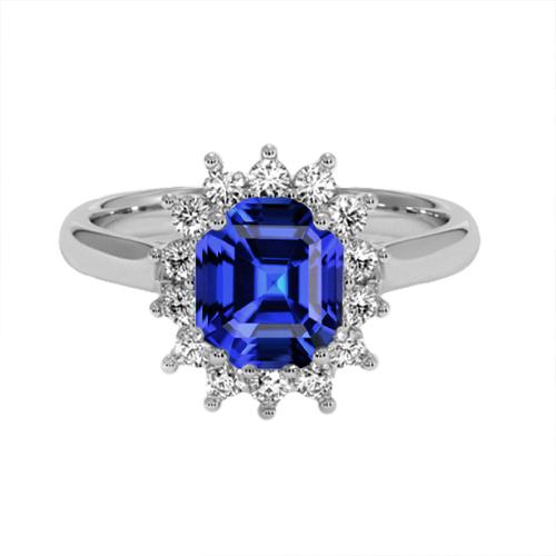 Ring mit rundem Halo-Diamant im Asscher-Schliff, blauer Saphir, 6,50 Karat Gold, 14 Karat - harrychadent.ch