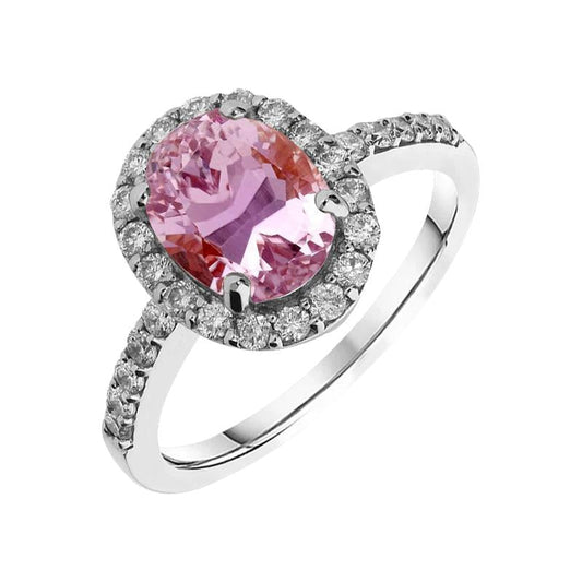 Rosa Kunzit im Ovalschliff mit Diamantring 13 Kt. Weißgold 14K