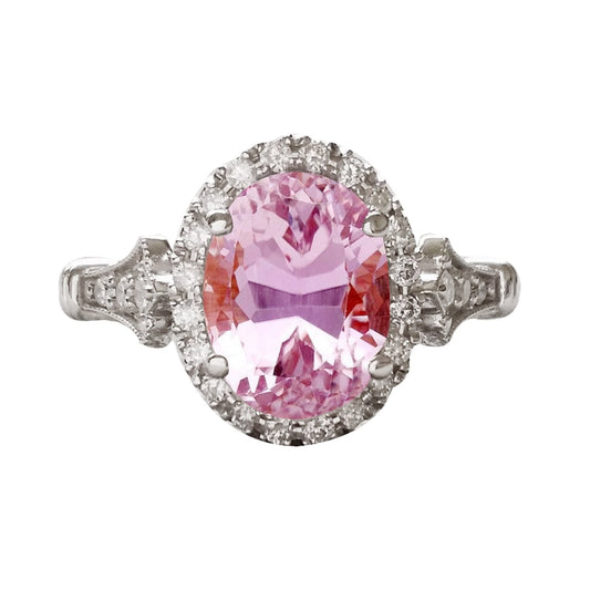 Rosa Kunzit im Ovalschliff mit rundem Halo-Diamantring 11.50 Karat WG 14K