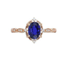 Rose Gold Diamant Halo Vintage-Stil Blauer Saphir Ring 3 Karat