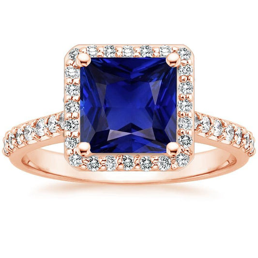 Rose Gold Halo Ring Princess Blue Saphir mit Akzenten 6,25 Karat - harrychadent.ch