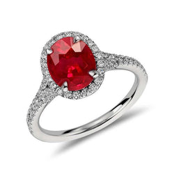 Roter Oval Rubin Diamant Ehering Weißgold 14K 3,30 Karat