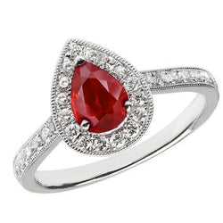 Rubin & runder Diamant im Birnenschliff 3 Karat Ehering Gold Weiß 14K