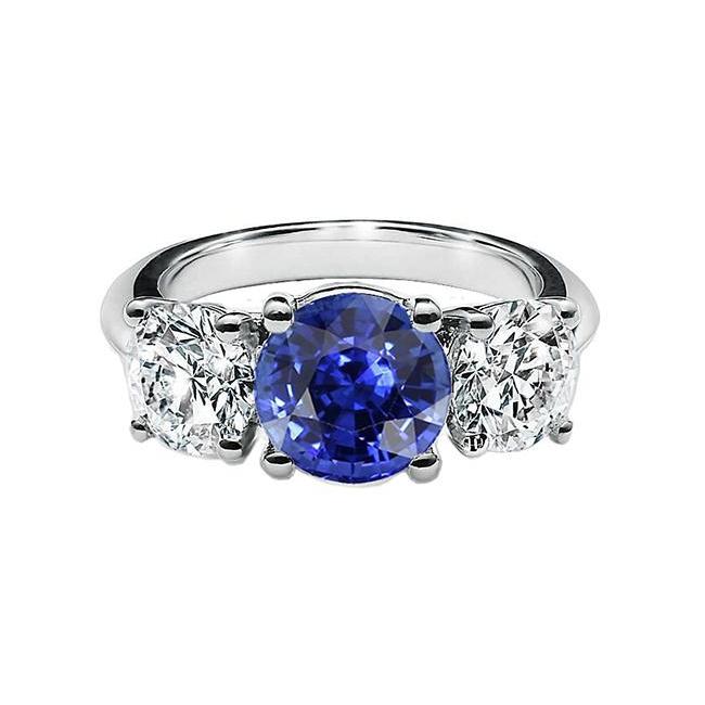 Runder blauer Saphir-Diamant-Ring mit drei Steinen 2.50 Karat Gold 14K - harrychadent.ch