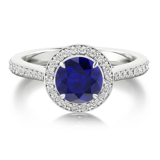 Runder Ceylon Saphir Halo Diamant Ring 2,85 Kt Weißgold Schmuck 14K - harrychadent.ch