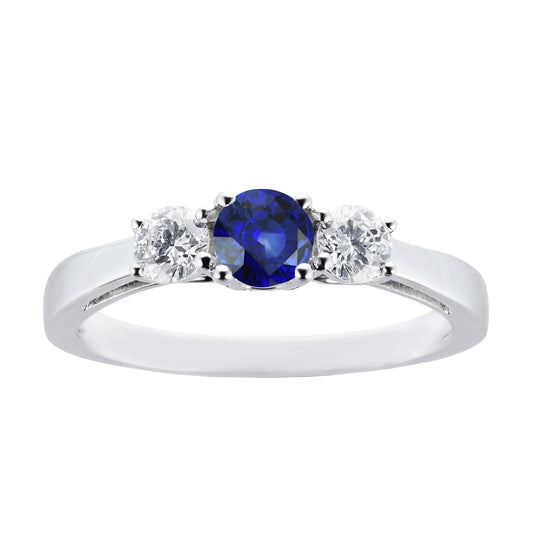 Runder Diamant & Ceylon Saphir Ring 3 Karat 3 Steine Weißgold 14K - harrychadent.ch