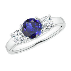 Runder Drei-Stein-Ring mit blauem Saphir und Diamant-Edelstein 1,75 Karat