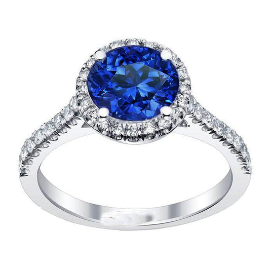 Runder Sri Lanka Blauer Saphir Halo Diamantring 2,20 Karat Gold 14K - harrychadent.ch