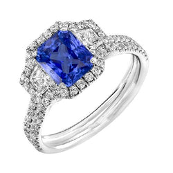 Runder & trapezförmiger Diamant Halo Saphir Verlobungsring 4 Karat