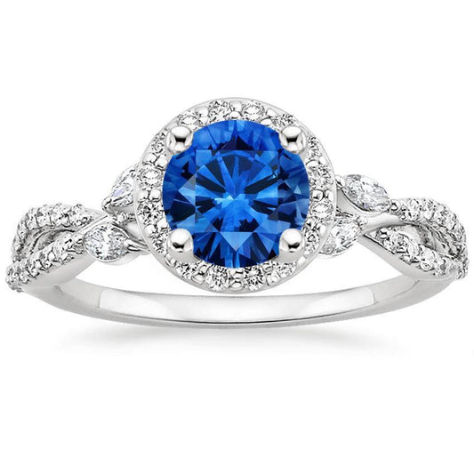 Runder und Marquise Schliff 3.90 ct Ceylon Saphir Diamanten Ring Gold 14K