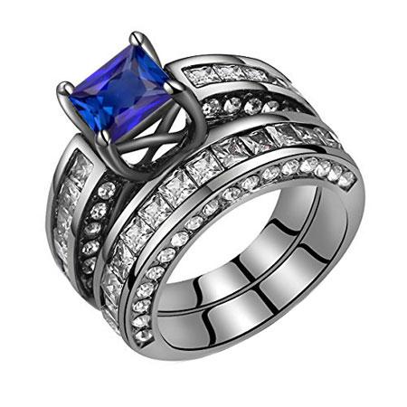 Schwarzgold Princess Diamant Blue Saphir Verlobungsring Set 3 Karat - harrychadent.ch