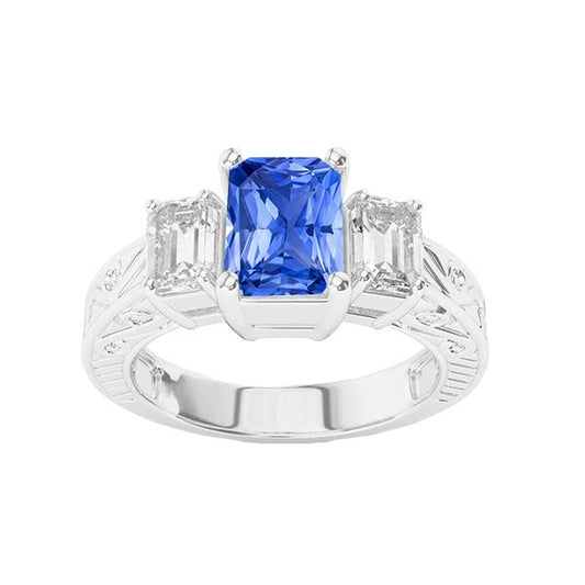 Smaragd-Diamant-Ring im Vintage-Stil 2 Karat blauer Saphir strahlende Form - harrychadent.ch