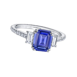 Smaragd Drei Steine Blauer Saphir Ring & Pave Set Diamanten 3 Karat
