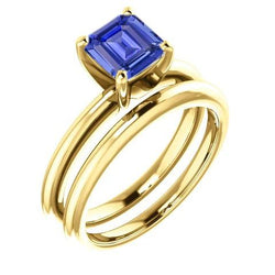 Smaragd-Saphir-Verlobungsring-Set mit Gelbgoldband 1,50 Karat