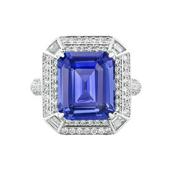 Smaragdförmiger Diamant-blauer Saphirring 4,50 Karat Pave Set Akzente