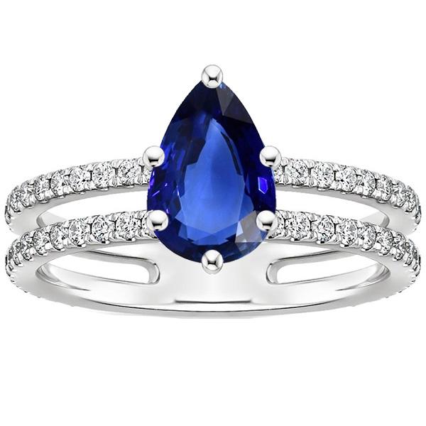 Solitaire Accents Ring Doppelschaft Blauer Saphir & Diamanten 4 Karat