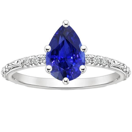 Solitaire Akzente Ring Antiker Stil Blauer Saphir & Diamanten 4 Karat