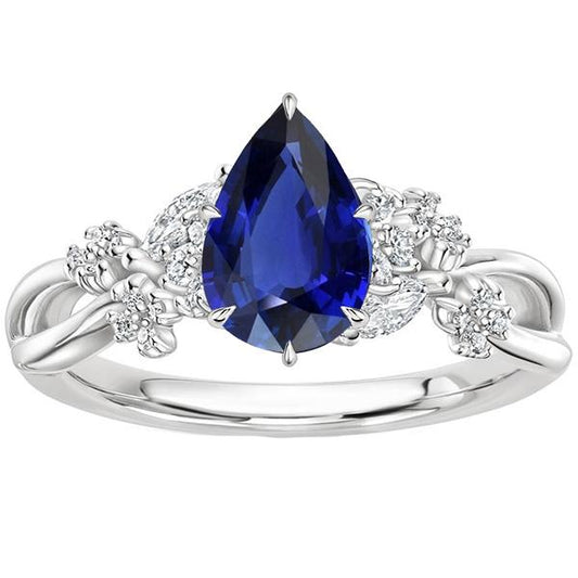 Solitaire Akzente Ring Birne Blauer Saphir & Diamanten 3.75 Karat