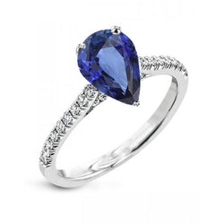 Solitaire Birnenblauer Saphirring mit Jakobsmuschelbesatz Diamanten 3 Karat