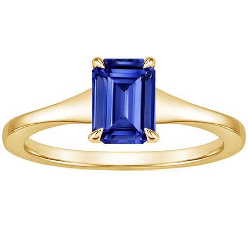 Solitaire Blue Sapphire Ring Emerald Cut 3 Carats Yellow Gold 14K