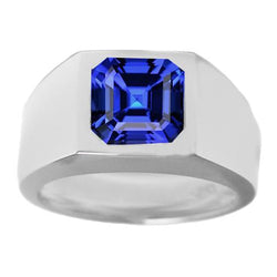 Solitaire Herrenring 1,50 Karat Flush Set Blauer Saphir Asscher Cut