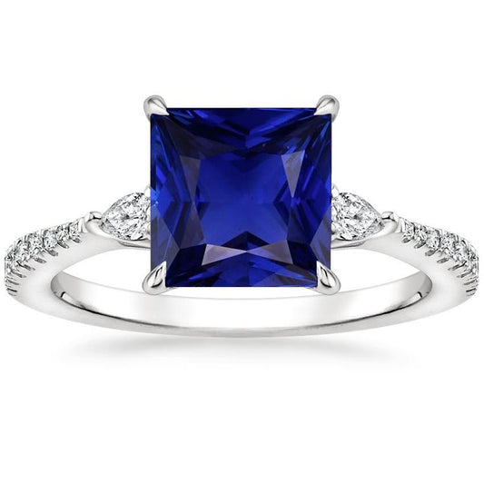 Solitaire Princess Blue Sapphire Birne & Runde Diamantakzente 6 Karat - harrychadent.ch