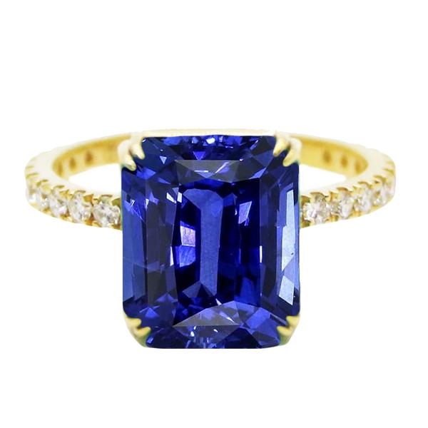 Solitaire Radiant Blue Saphir Ring mit Diamantakzenten 4,50 Karat - harrychadent.ch