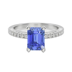 Solitaire Smaragdblauer Saphir-Ehering mit Diamantakzenten 3 Karat