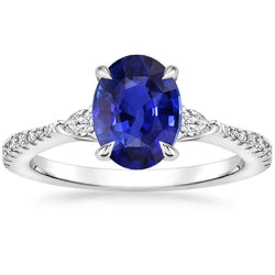 Solitär Blauer Saphir Mit Birne & Rundem Diamant Akzentring 3 Karat