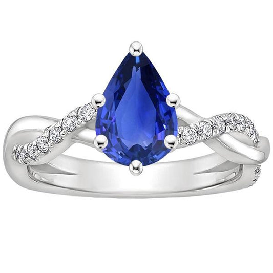 Solitär-Diamantring mit Akzenten Birnenblauer Saphir 4,75 Karat