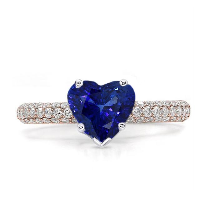 Solitär-Herz-Blauer Saphir-Ring mit Diamanten in Pave-Fassung 3,50 Karat - harrychadent.ch