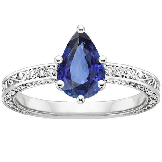Solitär Ring Birne Blauer Saphir Mit Diamant Filigran Schaft 4 Karat