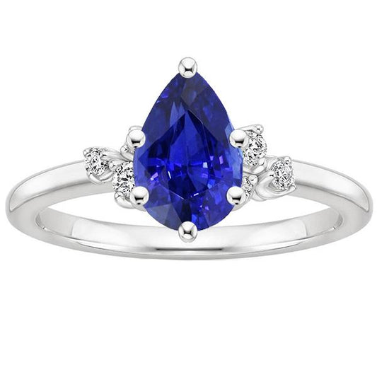 Solitärring Birnenblauer Saphir mit runden Diamantakzenten 5 Karat