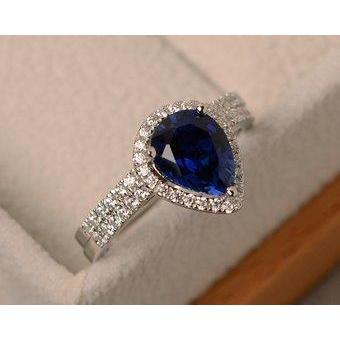 Sri Lanka Blauer Saphir Birne & Runder Diamant Ring 2.75 Karat WG 14K