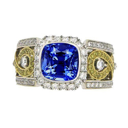 Sri Lanka Blue Sapphire Cushion Diamants Ring 3.25 Karat zweifarbig 14K