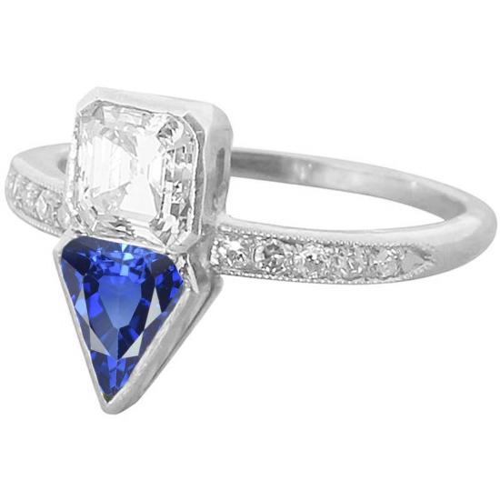 Toi et Moi Asscher Diamant & Ceylon Saphir Ring 3.50 Karat Milgrain - harrychadent.ch