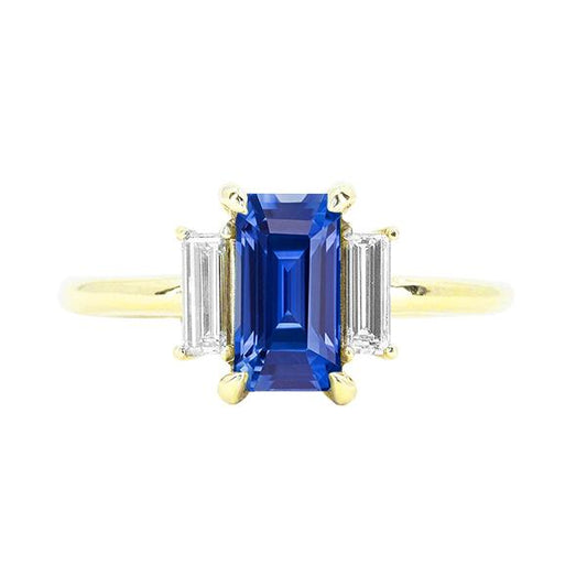 Verlobungsring 3 Karat Blauer Saphir Smaragd & Baguette Schliff - harrychadent.ch