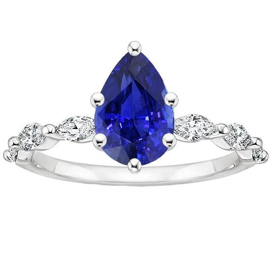 Verlobungsring mit Akzenten Birnenblauer Saphir & Diamanten 3,75 Karat